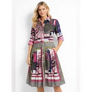 Dizzy Lizzie Scarf Print Cotton Shirt Dress Pleated Midi Pink Gray Sz S